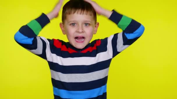 Petit garçon enfant prend sa tête dans ses mains et crie sur un fond jaune — Video