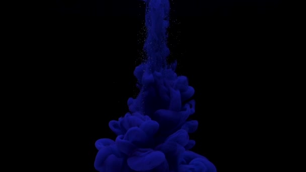 Tinta azul oscura mezclada en agua, girando suavemente bajo el agua sobre fondo negro — Vídeo de stock