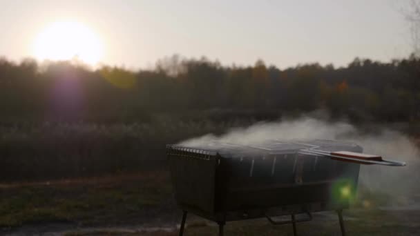 Les saucisses sont cuites en fumée sur le gril sur un fond de coucher de soleil — Video