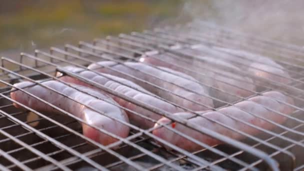 Nære pølser kokes på grillen på naturen, solnedgang – stockvideo