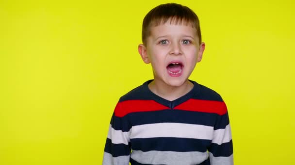 Little child boy screaming on a yellow background with copy space — Stock Video