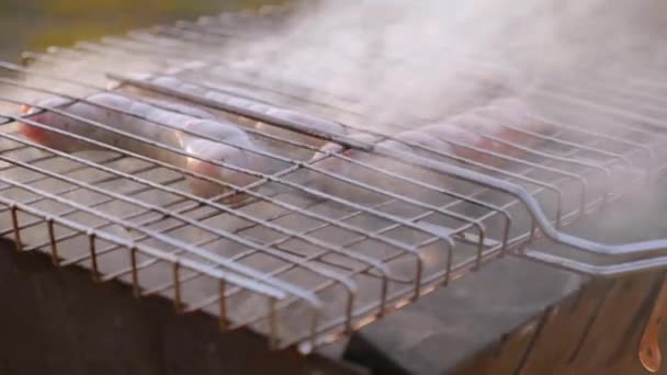 Close-up worstjes worden in rook gekookt op de grill — Stockvideo