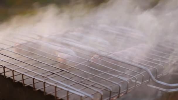 Close up pølser koges i røg på grillen – Stock-video