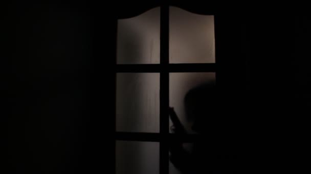 Άνθρωπος Όπλο Πίσω Από Την Πόρτα Γυαλιού Σκιά Ενός Ανθρώπου — Αρχείο Βίντεο