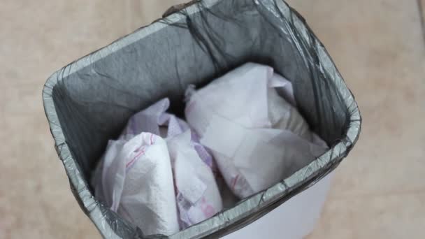 Wet Dirty Diapers Dad Throws Used Diaper Trash Can — Stock Video