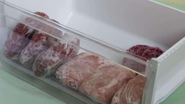 Organizando Congelador Profundo Almacenamiento Congelación Carnes — Vídeo de stock