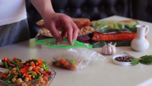 Prepare Blanch Package Freeze Garden Vegetables Bags Frozen Vegetables — Stock Video