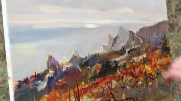 Professional Artist Paints Picture Canvas Using Oil Paints Landscape Oil — Stock Video