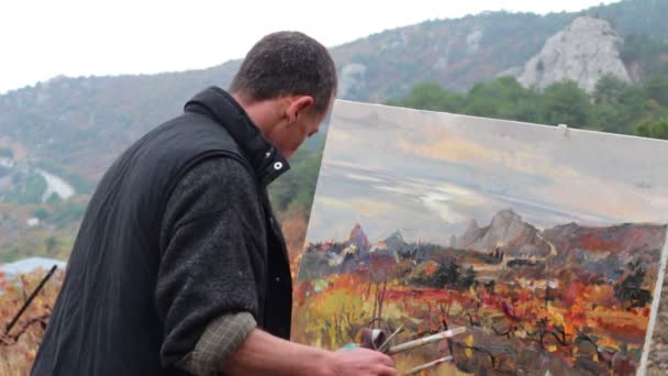 Artiste Professionnel Peint Une Image Sur Toile Aide Peintures Huile — Video