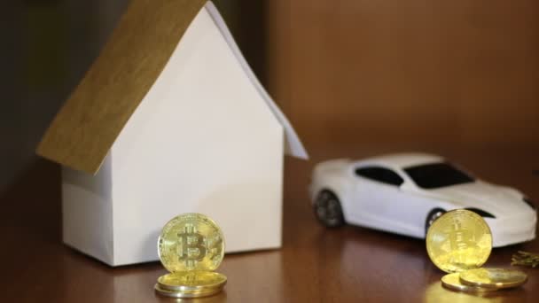 Aceitando Bitcoin Como Uma Forma Pagamento Casa Carro Propinas Pagamentos — Vídeo de Stock