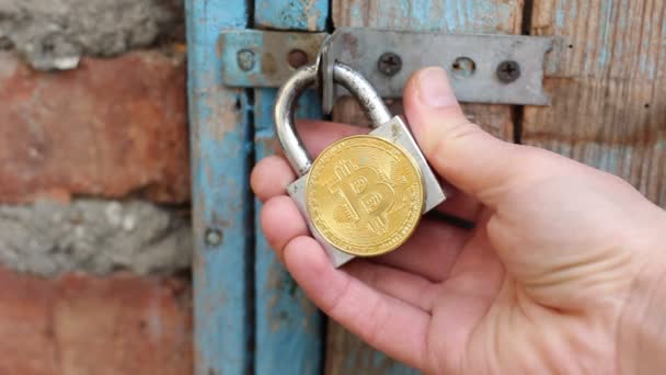 Conceito Segurança Bitcoin Bitcoins Cadeado — Vídeo de Stock