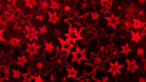 Rote Sterne Glitzerndes Muster Holographische Folie Unklarer Urlaubshintergrund Bokeh Lichter — Stockvideo