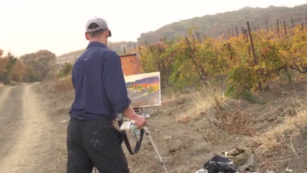 Artiste Professionnel Homme Adulte Peint Tableau Extérieur Homme Avec Chevalet — Video