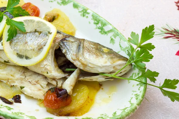 Ikan laut dipanggang dengan kentang dan tomat — Stok Foto