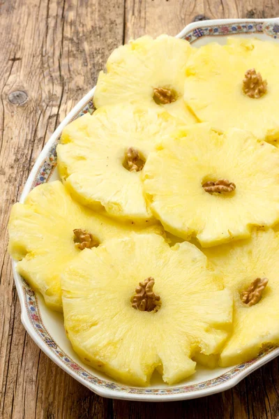 Pineapple slices in a dish