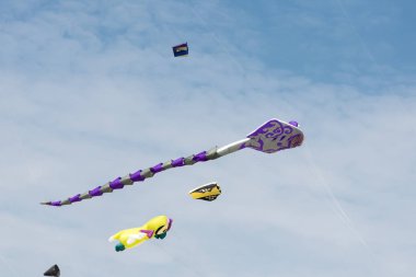 Mavi gökyüzü ve beyaz bulutlu uçurtmalar