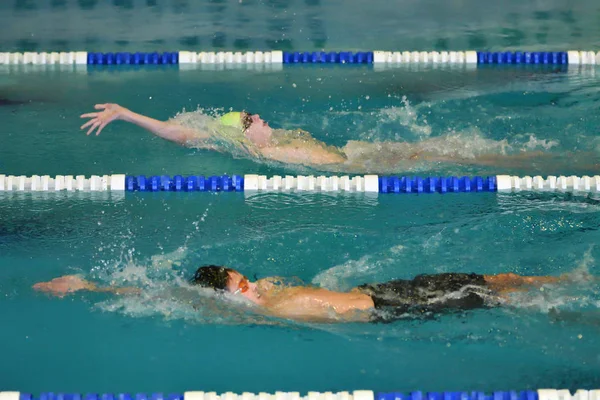 奥伦堡，俄罗斯-2016 年 11 月 13 日︰ 男孩竞争在背面游泳 — 图库照片