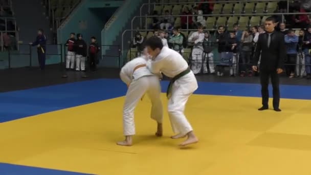 Orenburg, Rusland - 5 februari 2016: jongens concurreren in judo — Stockvideo