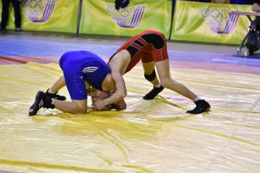 Orenburg, Rusya 16 Şubat 2017 yıl: Boys rekabet serbest stil güreş