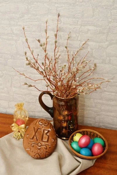 猫-柳の復活、イースターの卵 — ストック写真