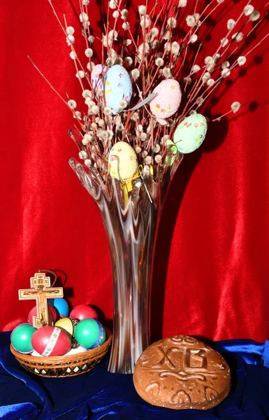 猫-柳の復活、イースターの卵 — ストック写真