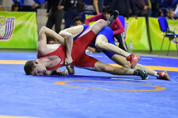 Orenburg, Russia - March 16, 2017 year: Boys compete in freestyle wrestling — Stock Photo, Image