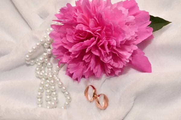 2 つの結婚指輪と牡丹の花. — ストック写真