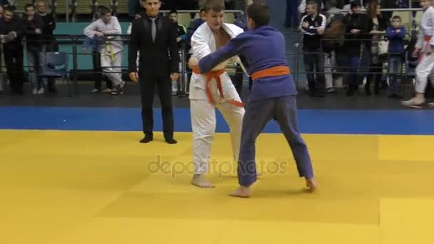 Orenburg, Rusia - 5 de febrero de 2016: Los chicos compiten en judo — Vídeo de stock