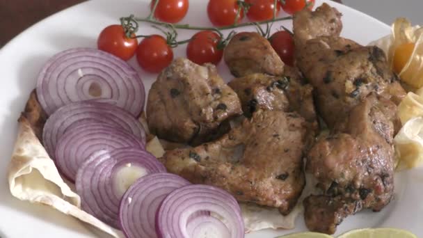 Skewers Pork Meat Fresh Greens Vegetables — Stock Video