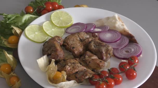 Skewers Pork Meat Fresh Greens Vegetables — Stock Video