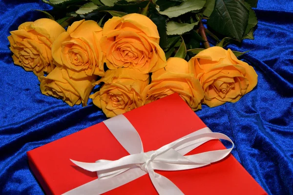 Gelbe Rosen auf blauem Hintergrund — Stockfoto