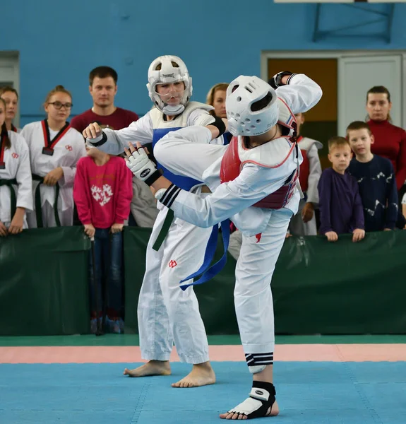 Orenburg Russia Жовтня 2019 Хлопці Змагаються Тхеквондо Orenburg Open Taekwondo — стокове фото