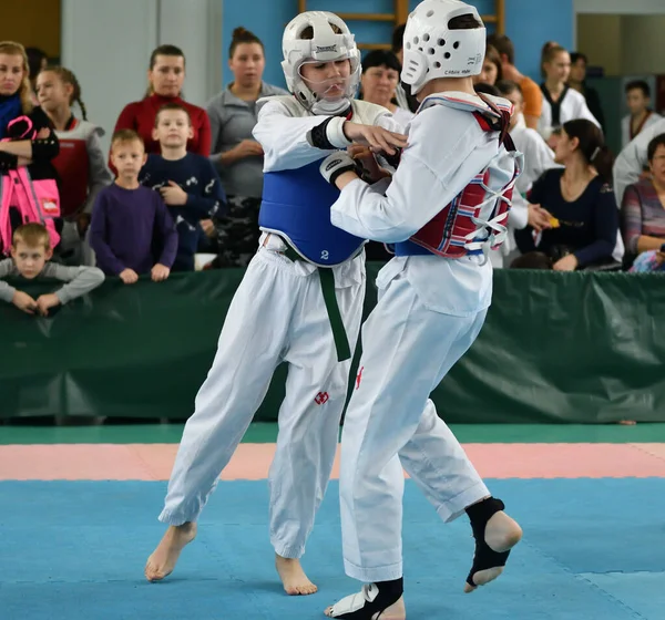 Orenburg Russia Жовтня 2019 Хлопці Змагаються Тхеквондо Orenburg Open Taekwondo — стокове фото