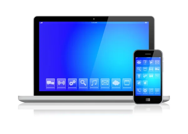Laptop e smartphone com tela azul — Fotografia de Stock