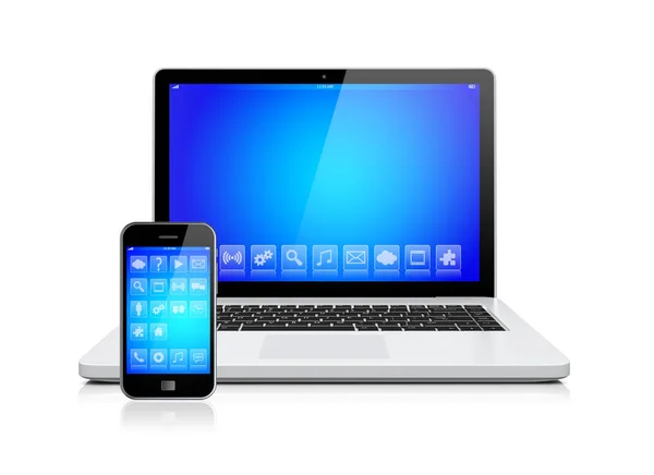 Laptop and smartphone with blue screen — Stock Photo, Image