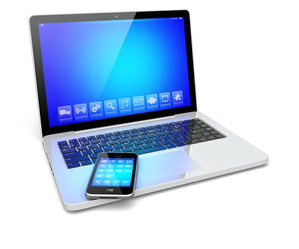 Laptop e smartphone com tela azul — Fotografia de Stock