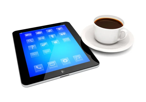Tablet pc και Καφές Κύπελλο σε ένα λευκό — Φωτογραφία Αρχείου