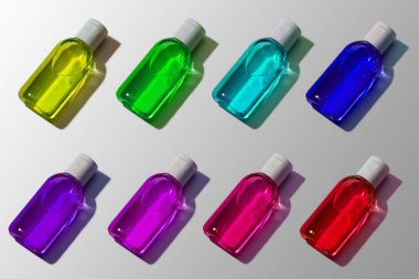 Neon Renklerin Elleri İçin Antibakteriyel Temizleyici Jel. Minimalizm. Coronavirus 2019 NCov, Covid 19 'a karşı koruma