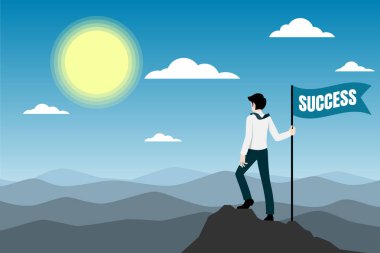 Businessman standing on the top of the mountain with success flag.