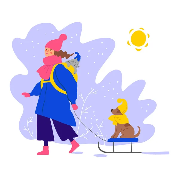 Menina bonito andando com cão e gato. Ilustração plana do inverno —  Vetores de Stock