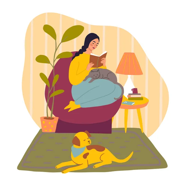 Cute girl spending time with dog and cat. Flat illustration — 스톡 벡터