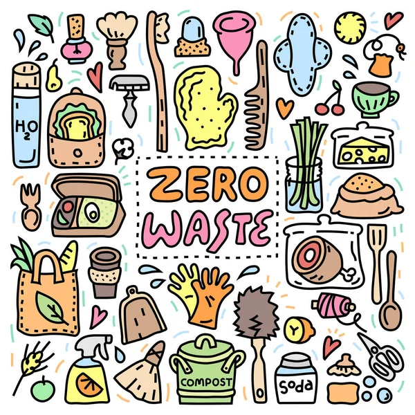 Ilustración de cero residuos, objetos de estilo doodle colorido — Archivo Imágenes Vectoriales