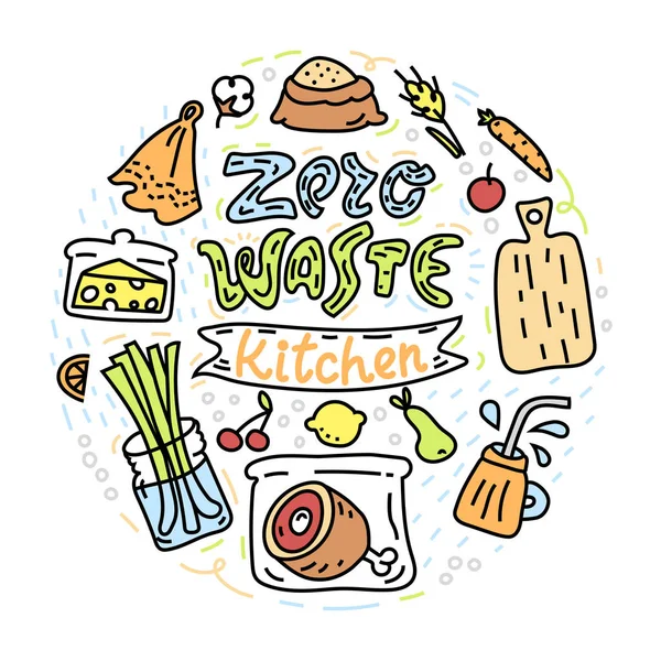 Zero resíduos círculo ilustração com objetos para cozinha — Vetor de Stock