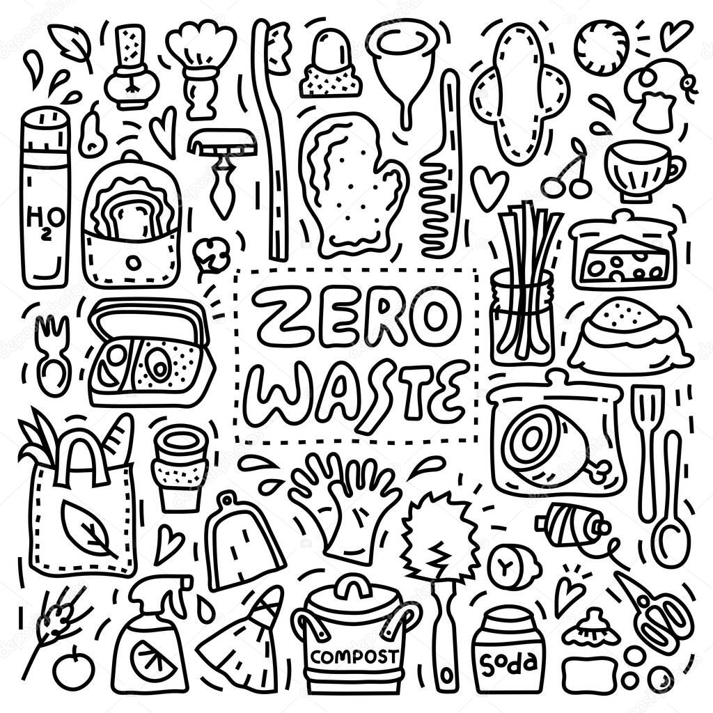 Outline Zero waste illustration, doodle style, lettering