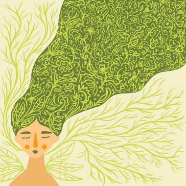 Kızın el çizimi düz çizimi, bahar portresi.