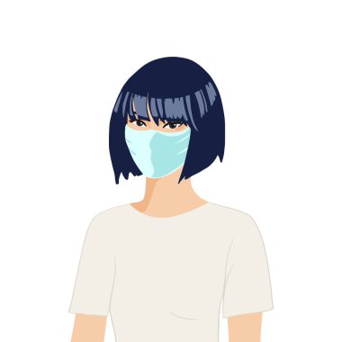 Flat realistic asian woman with mask. Coronavirus concept.