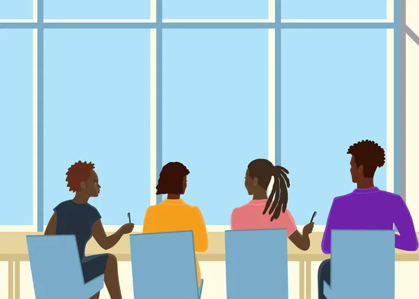 Flat hand drawn african people in the office, coworking concept, business group. — 图库矢量图片