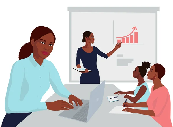 Flat hand drawn young african business women in the office, teamwork, realistic group portrait