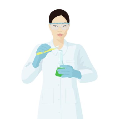 Asyalı kadın bilim adamı kimya laboratuvarında sonuçları analiz ediyor..