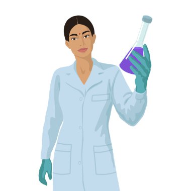 Hintli kadın bilim adamı sıvı numunesiyle. Aşı araştırma konsepti.